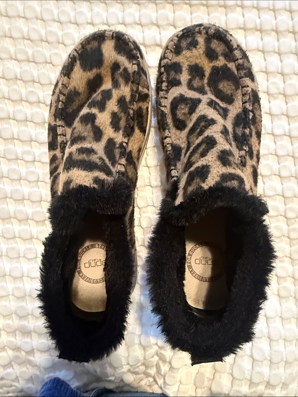 Hey Dude Leopard Print Slip-On Slippers with Black Faux Fur Collar